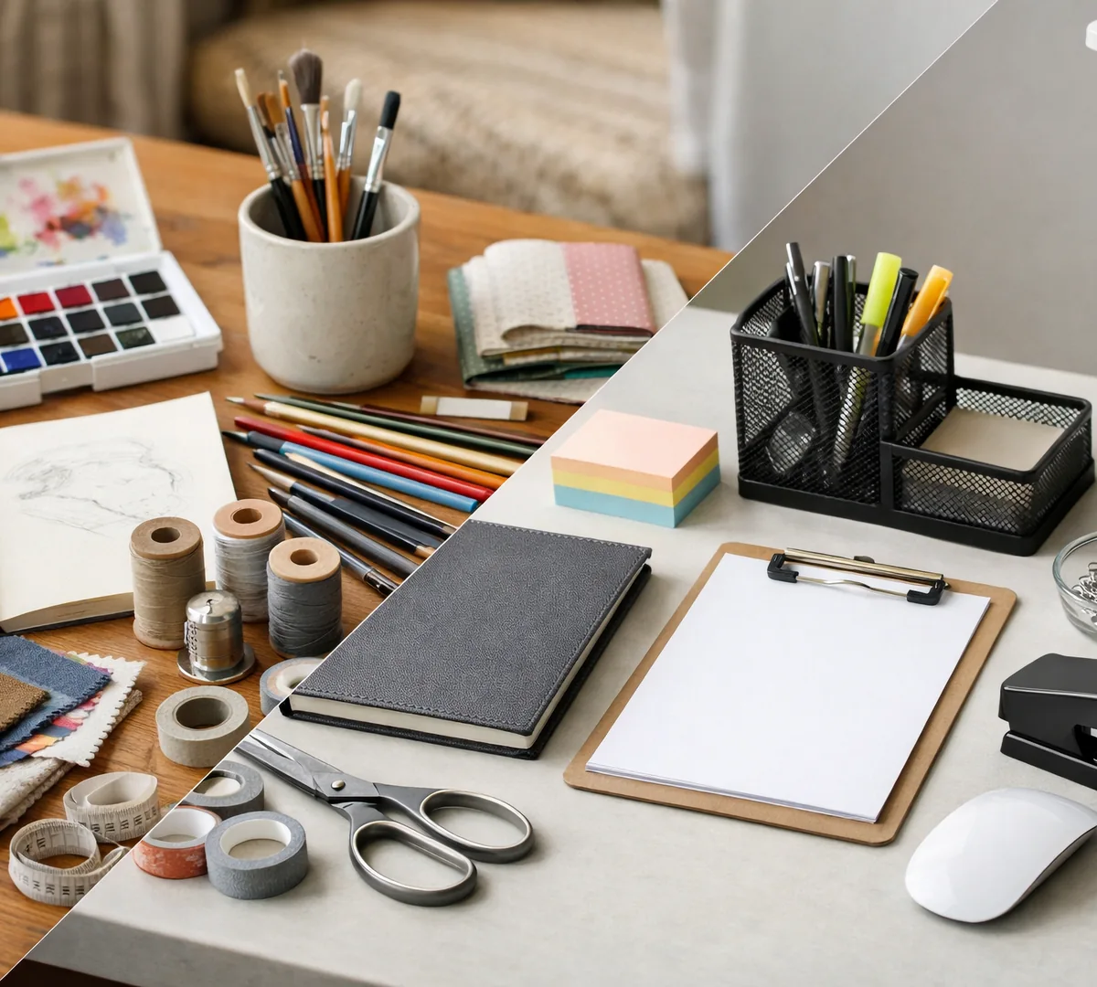 Creative workspace with watercolor supplies, stationery and everyday tools